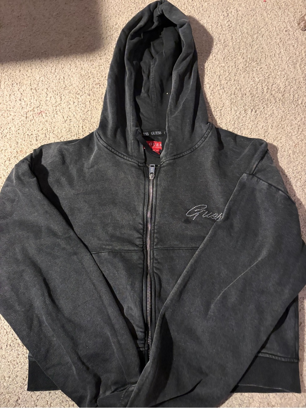 Guess Charcoal Hoodie with Crystal Logo Accent